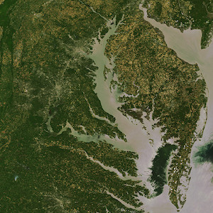 Satellite image of the Chesapeake Bay in Maryland with the Eastern Shore shown on the right and the mainland to the left. (Photo courtesy of Envistat).