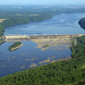 Aerial photo of the Conowingo Dam, located in the lower portion of the Susquehanna River. The dam traps some of the sediments and nutrients from flowing into the Bay. (Photo courtesy of J. Thomas, IAN).