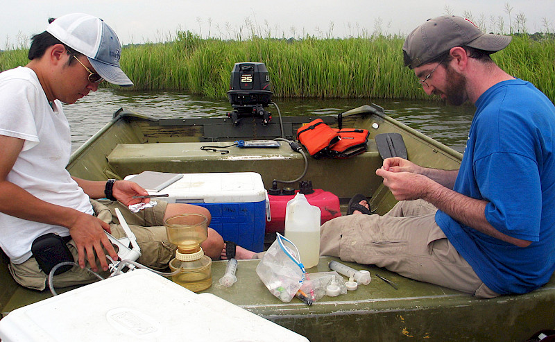 <p>Water samples are collected and filtered to measure for chlorophyll.</p>